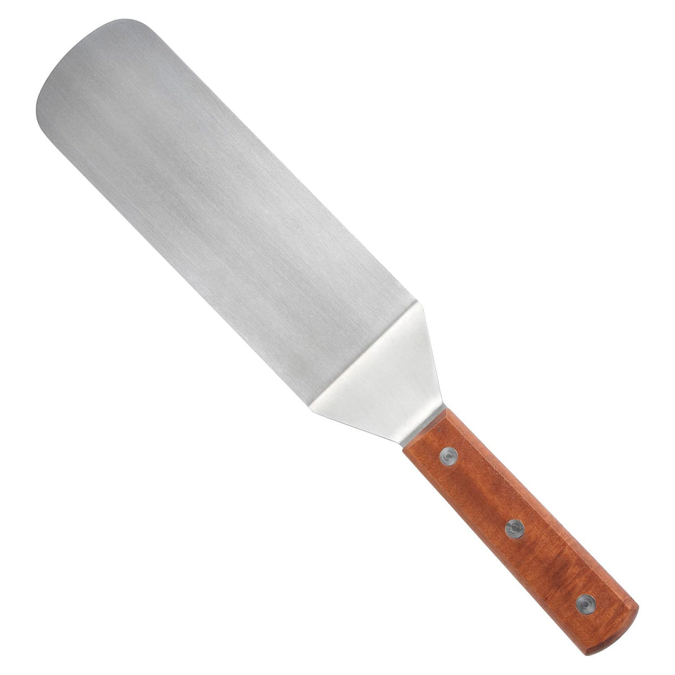 Winco blade flexible turner with 9.5-inch blade sliding under seared burgers on a hot griddle.