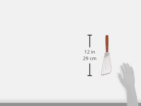 Winco FST-6 fish spatula close-up showing ergonomic wooden grip and durability.