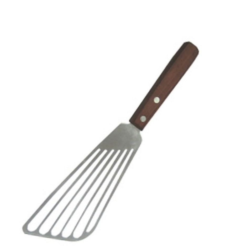 Winco fish spatula with wooden handle and slotted blade for delicate turning and drainage.