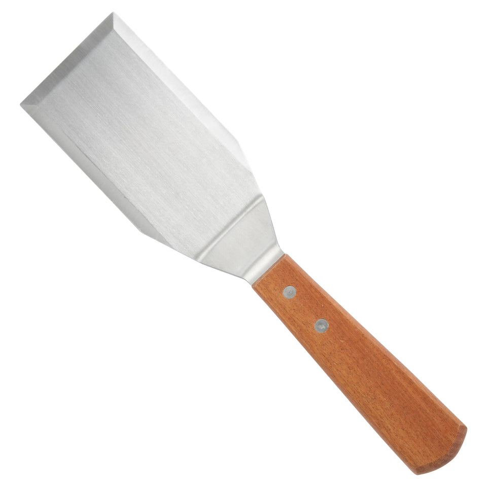 Winco TN719 burger turner blade, rigid and durable for flipping burgers on a commercial griddle.