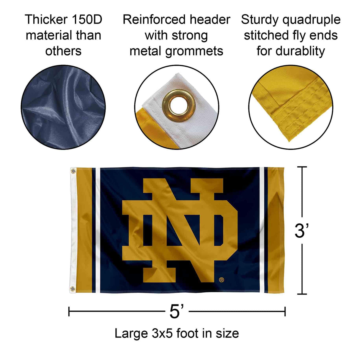 WinCraft Irish ND Banner Flag with two metal grommets for secure pole mounting.
