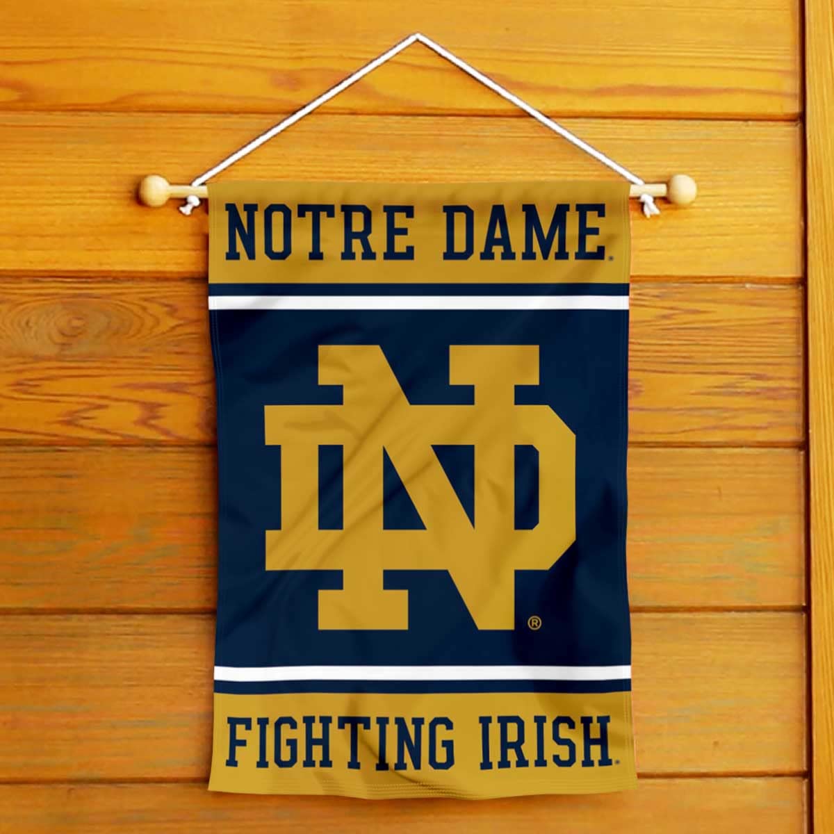 WinCraft Irish ND logo banner flag closeup logo emphasizes crisp screen printing.