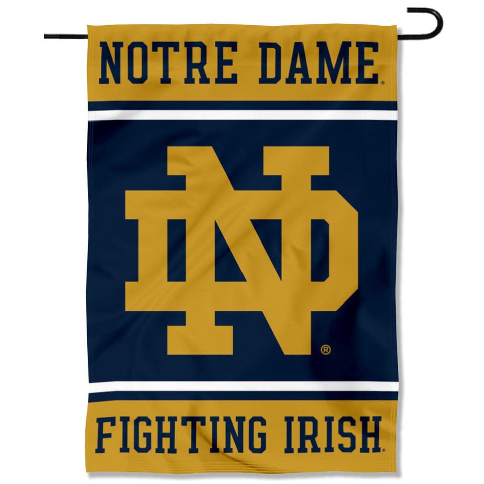 WinCraft Irish ND logo banner flag with front view on a garden stake, high visibility.