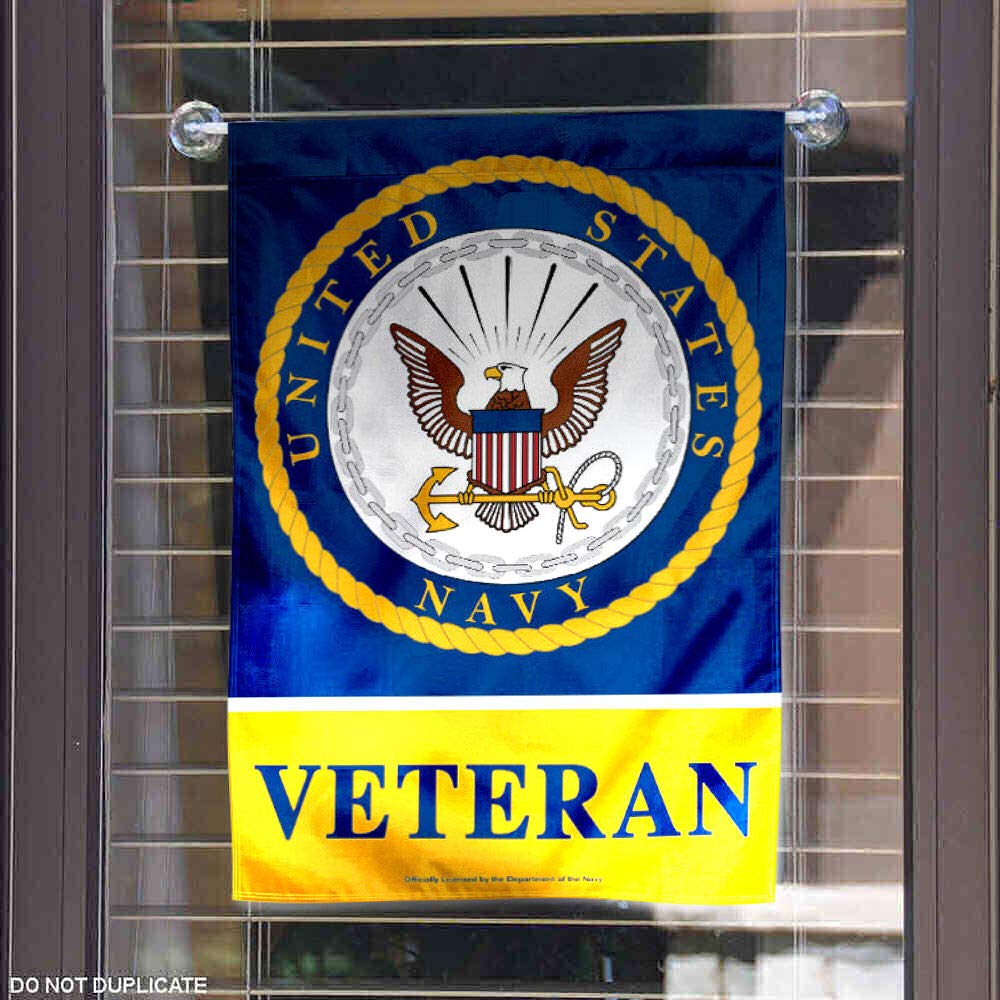WinCraft US Navy Veteran Garden Flag on garden stand, welcoming entrance.