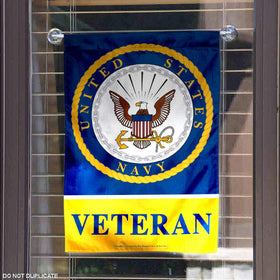 WinCraft US Navy Veteran Garden Flag on garden stand, welcoming entrance.
