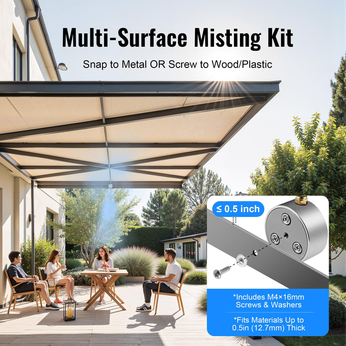 Windigaga screw-mount installation fits patios, pergolas, and garages.