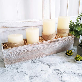 Windiy wedding table centerpiece using a wood planter for rustic decor ideas.