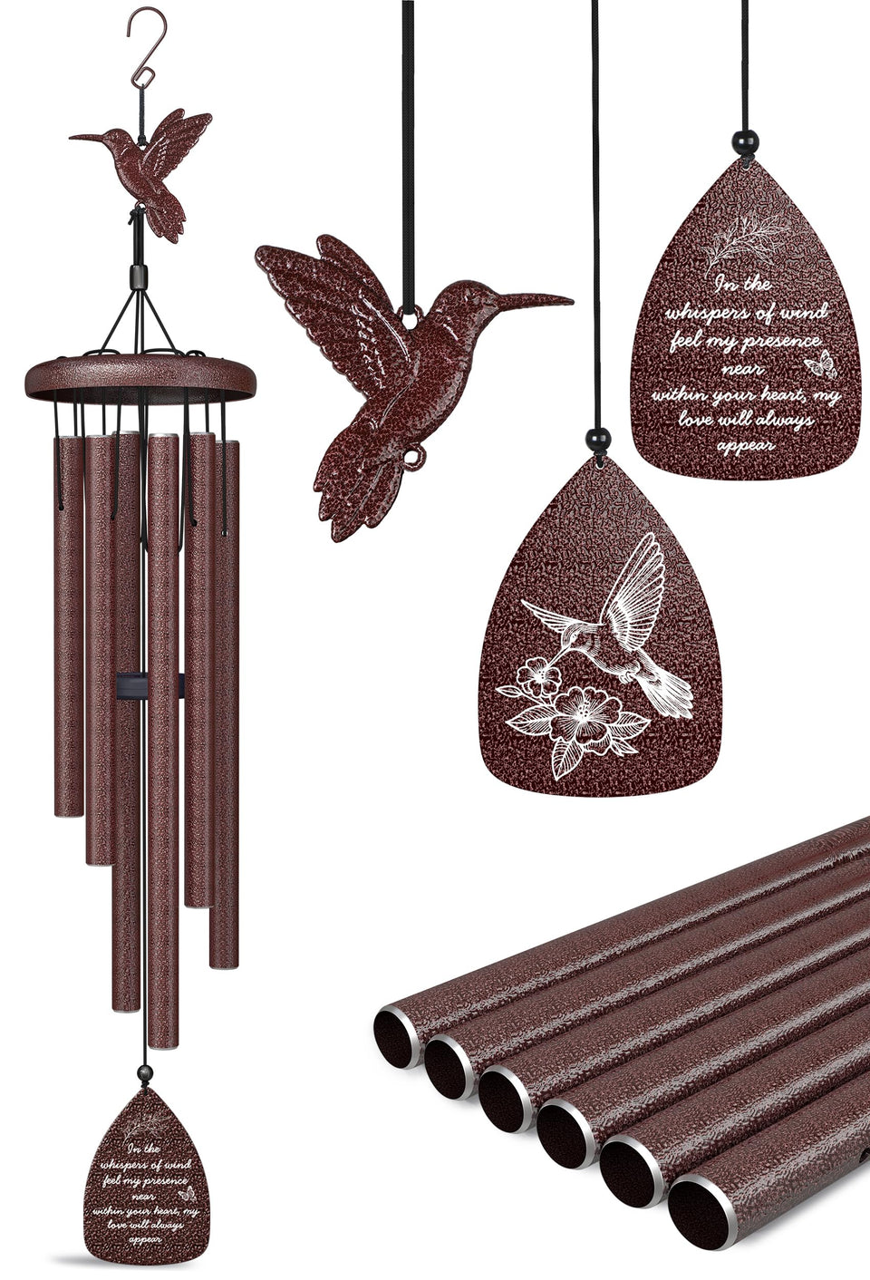 Windsplay hummingbird memorial wind chimes in 35-inch length offer a comforting outdoor remembrance.