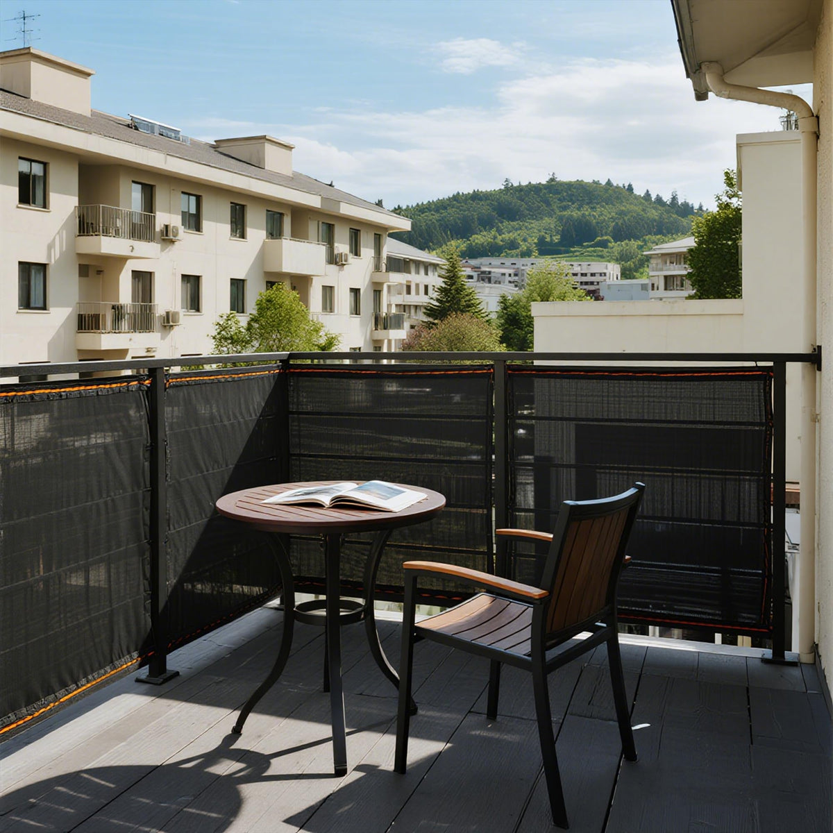 Winemana breathable mesh shade cloth on a patio delivering cooler outdoor shade.