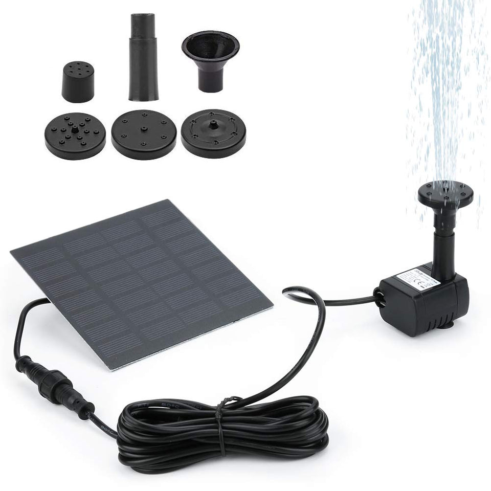 Winkeyes solar fountain pump sits in a birdbath for a sun-powered, gentle water display.