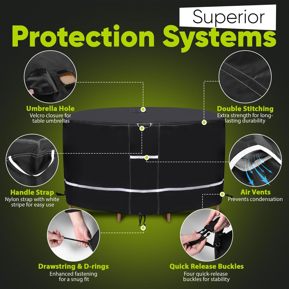 Winnerz Only round table cover provides UV resistance to prevent sun fade on outdoor furniture.