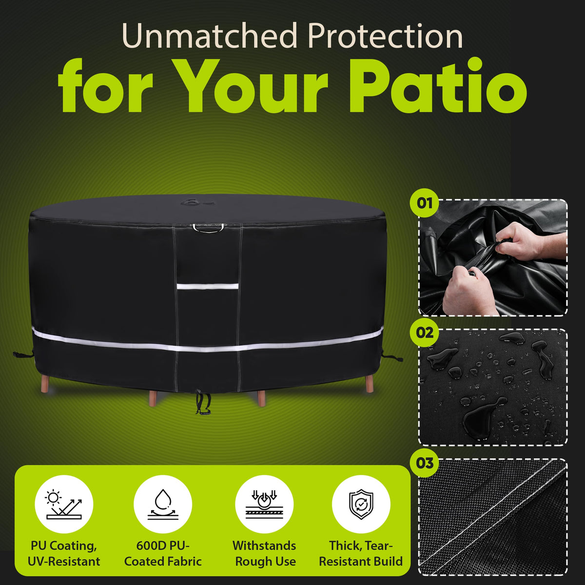 Winnerz Only round table cover features waterproof fabric to keep furniture dry during showers.
