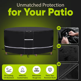 Winnerz Only round table cover features waterproof fabric to keep furniture dry during showers.