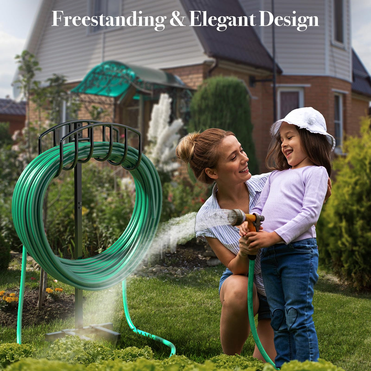 Winpull heavy-duty hose rack stays sturdy through rain and sun