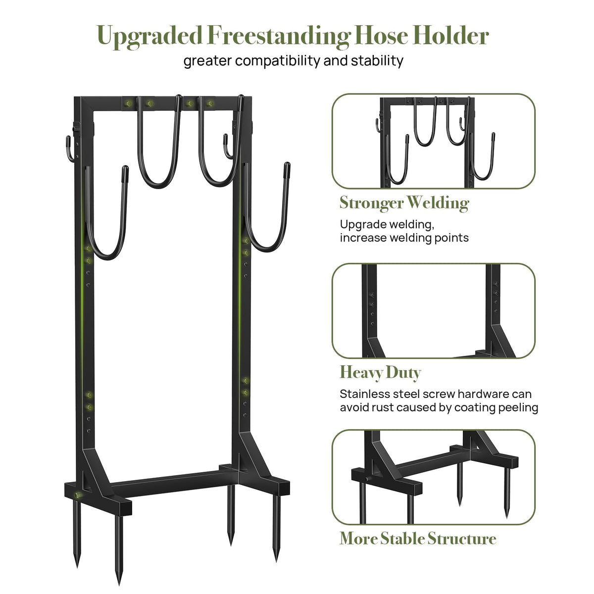 Winpull hose stand showing four spikes for sturdy hose support in the yard.