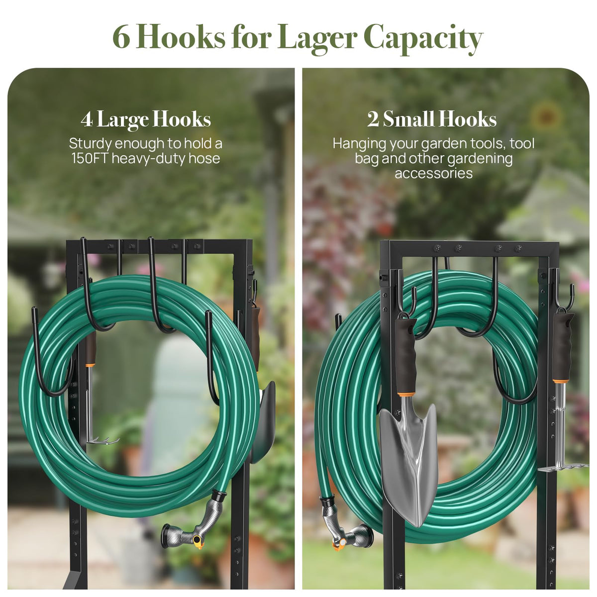 Winpull metal hose stand with a durable lacquer finish for weather resistance outside.