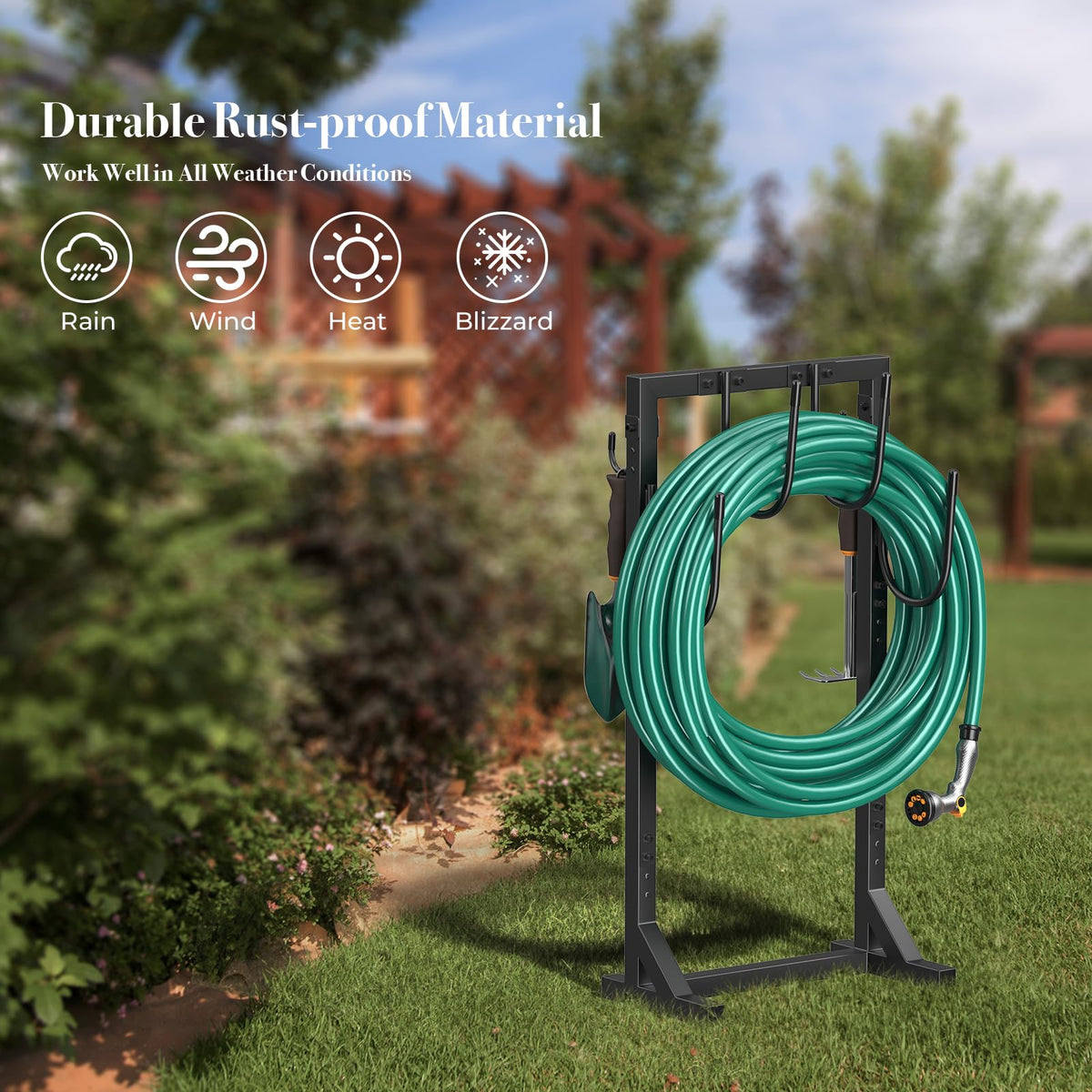 Winpull outdoor storage stand in a yard, keeping hoses neatly organized and accessible.