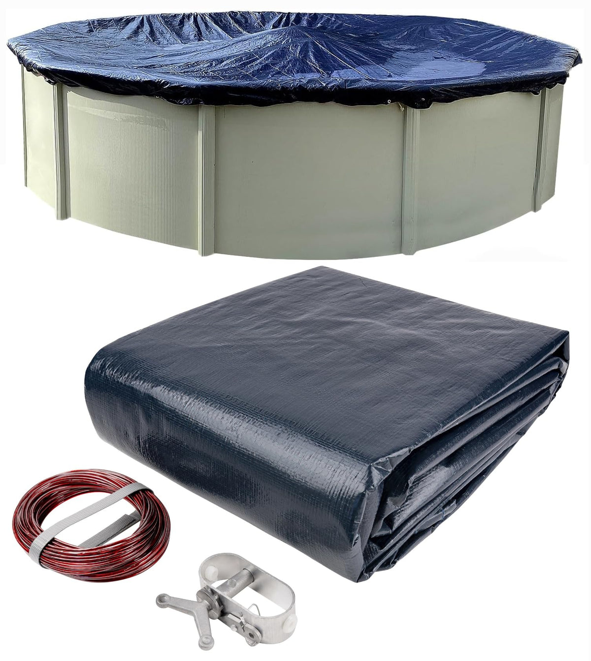 Winter Block 15ft round pool cover in use over a round above ground pool, protecting from debris