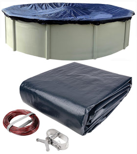 Winter Block 15ft round pool cover in use over a round above ground pool, protecting from debris