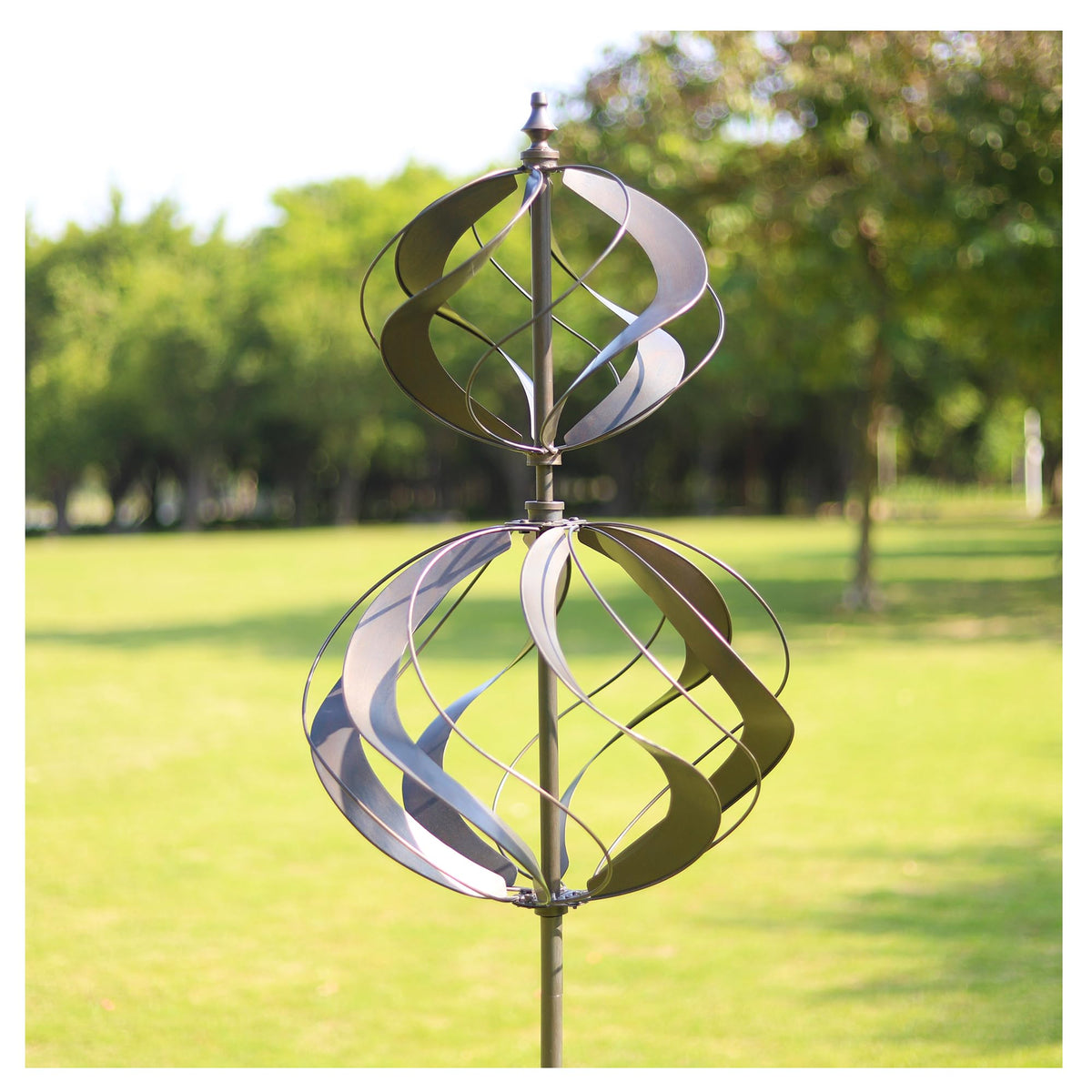WinWindSpinner dual-globe outdoor wind spinner adds a dynamic garden focal point with kinetic motion