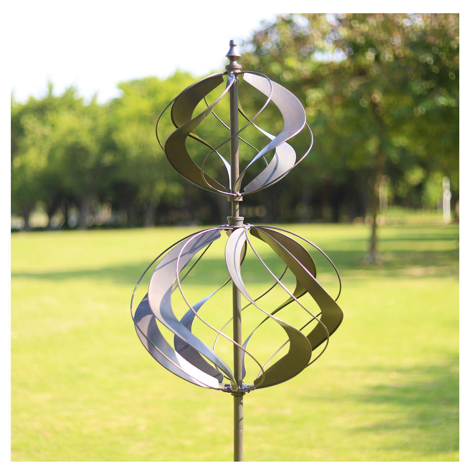 WinWindSpinner dual-globe outdoor wind spinner adds a dynamic garden focal point with kinetic motion