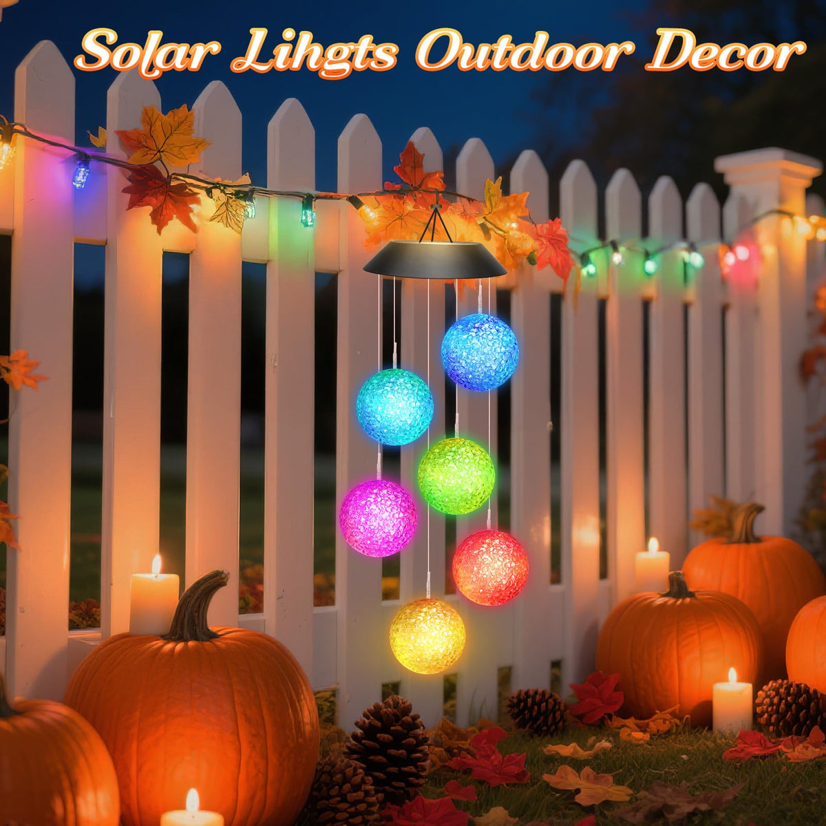 Winzwon hanging ball wind chime on porch adding welcoming glow.