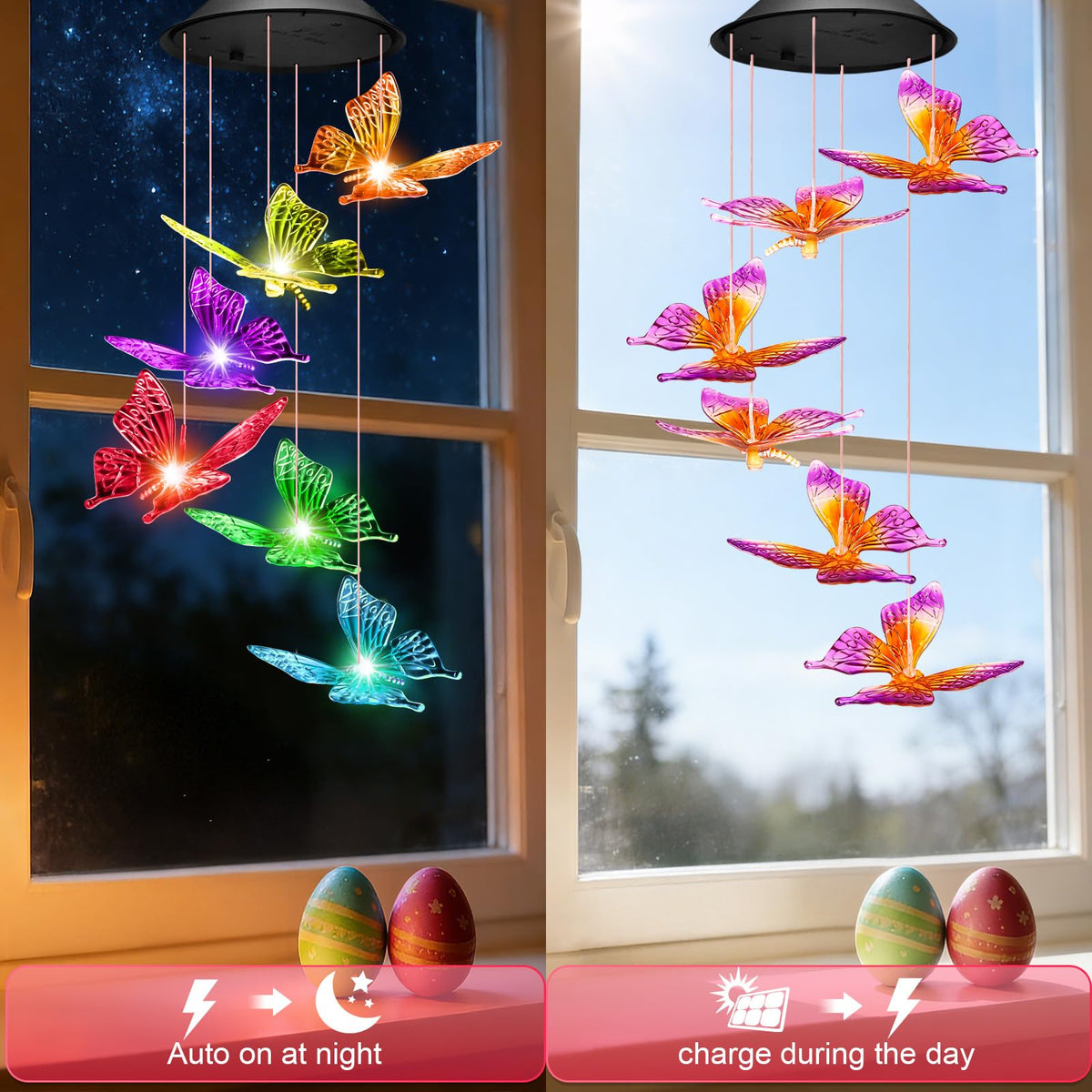 Winzwon butterfly wind chimes night glow enhances garden ambience