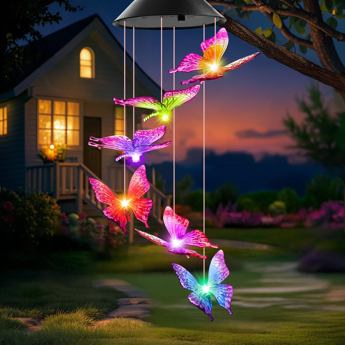 Winzwon Solar Butterfly Wind Chimes illuminate outdoor spaces with color-changing glow