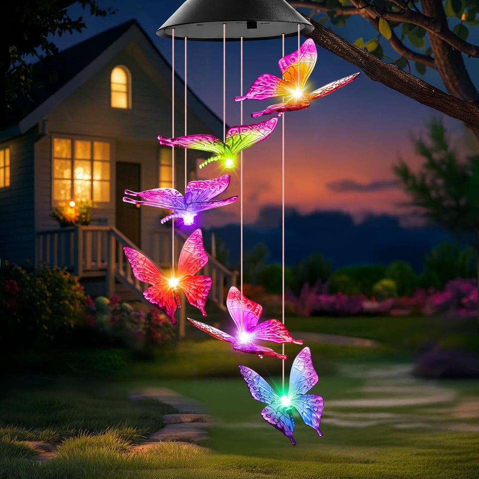 Winzwon Solar Butterfly Wind Chimes illuminate outdoor spaces with color-changing glow