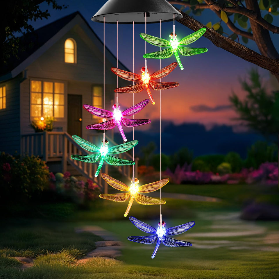 Winzwon dragonfly wind chimes illuminate garden lighting at night