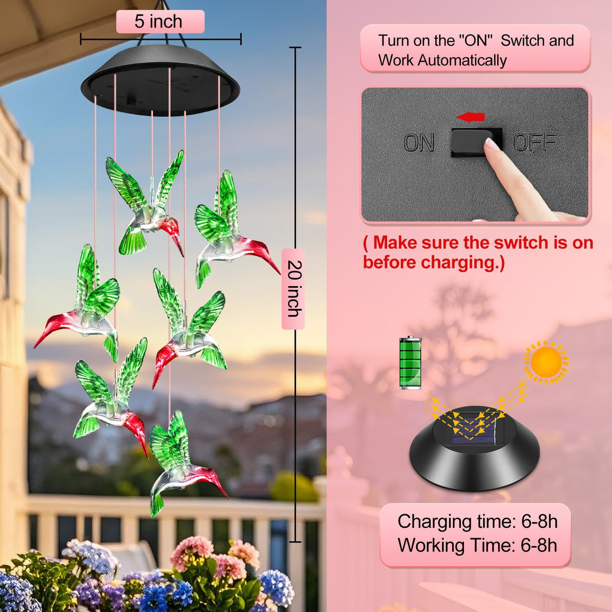 Winzwon waterproof solar chime adds soft light to patio or porch
