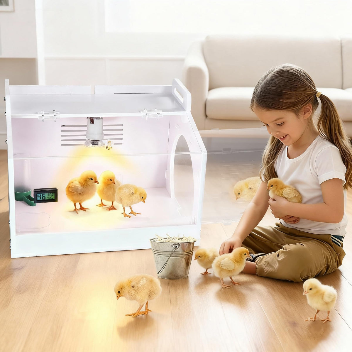 WIONBE iarge-scale chick brooder box digital display highlights temp and humidity monitoring.