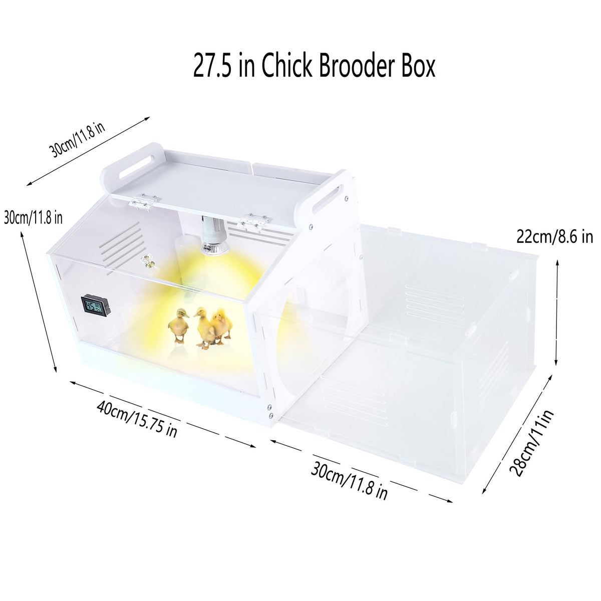 WIONBE iarge-scale chick brooder box with temperature gauge close-up.