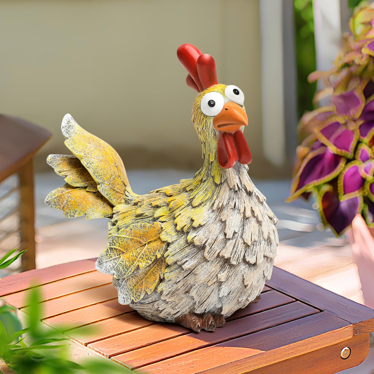 Wiresusan indoor-outdoor chicken figurine brightening shelves or mantels.