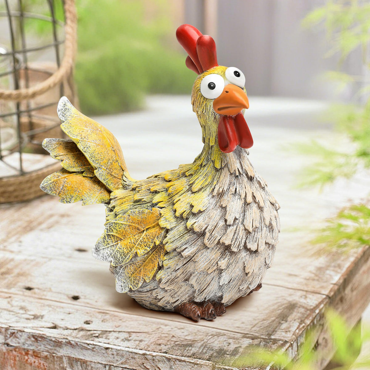 Wiresusan outdoor chicken statue in sunlit garden adds playful curb appeal.