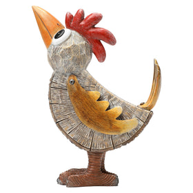 Wiresusan outdoor rooster statue with tree-ring body adds playful garden charm.