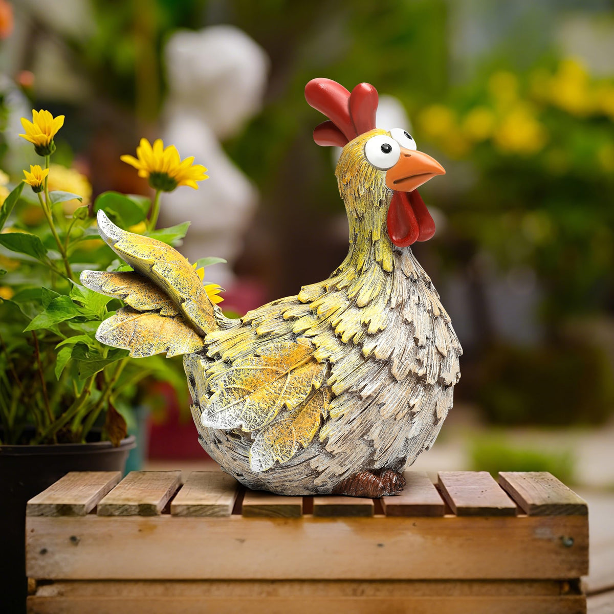 Wiresusan resin chicken decor designed for year-round outdoor durability.