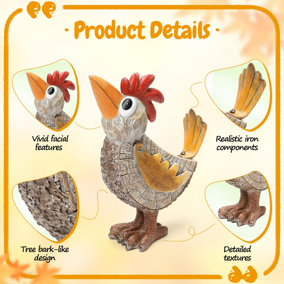 Wiresusan resin chicken garden figurine withstands rain and sun for year-round display.