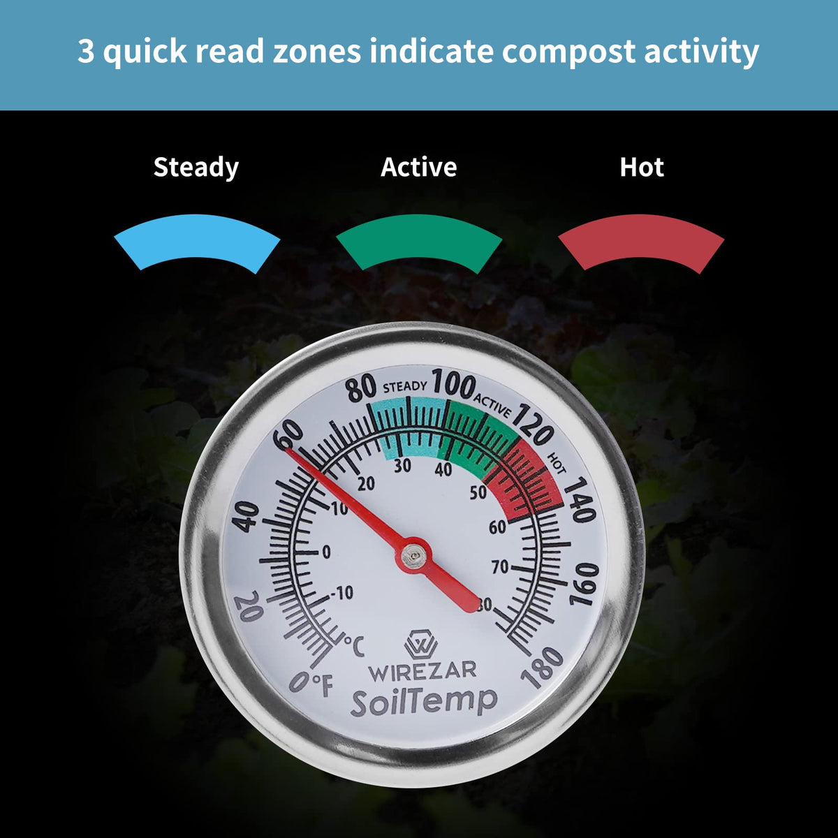 Wirezar 16-inch stem compost thermometer measuring soil temperature