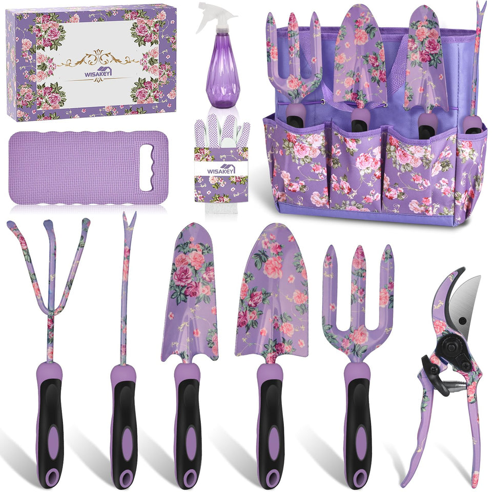 WisaKey 10-piece garden tool set with purple finish for durable daily gardening.