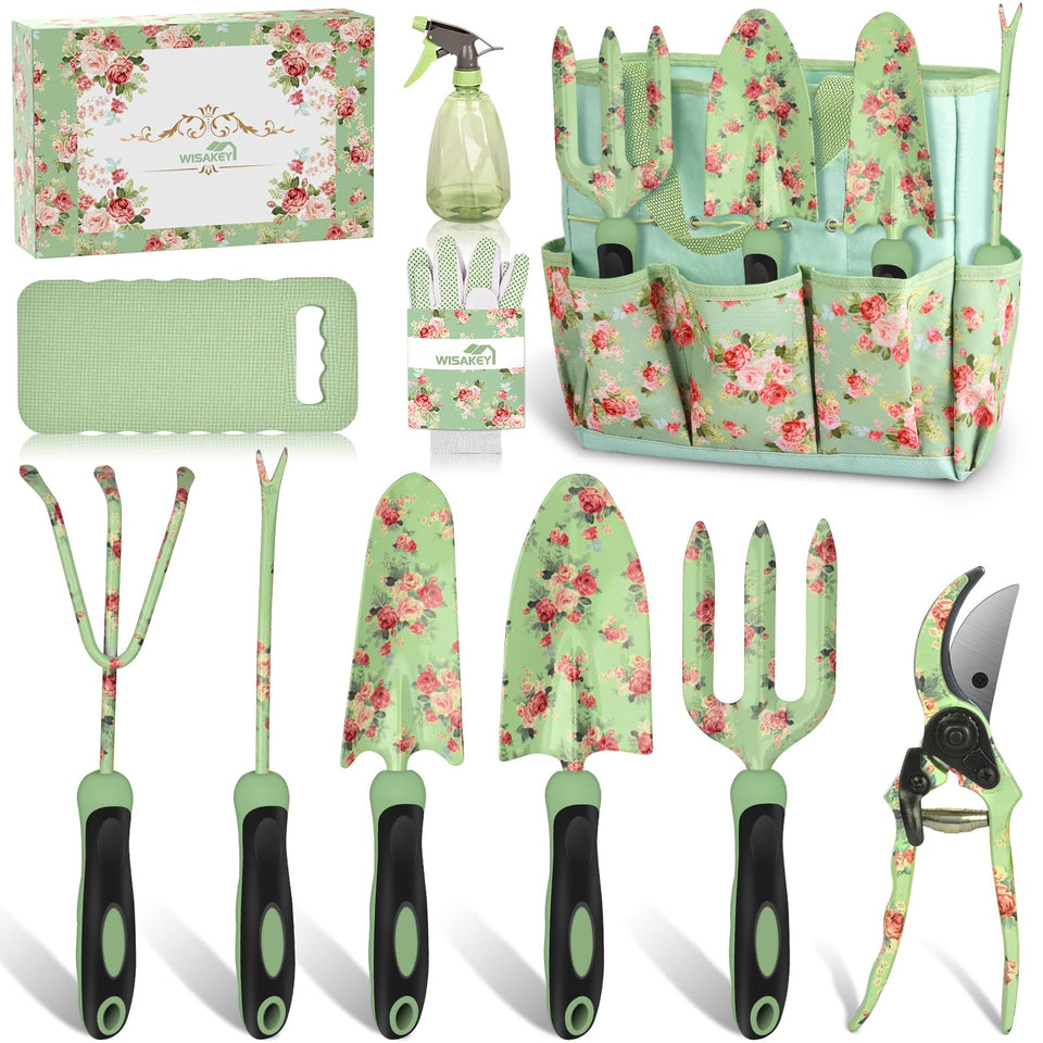 WisaKey 10-piece garden tools kit laid out for efficient home gardening tasks.