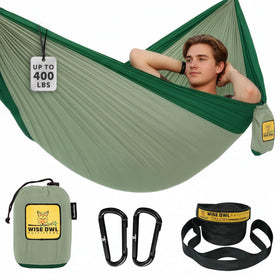 Wise Owl Outfitters camping hammock setup showing quick, easy hanging.