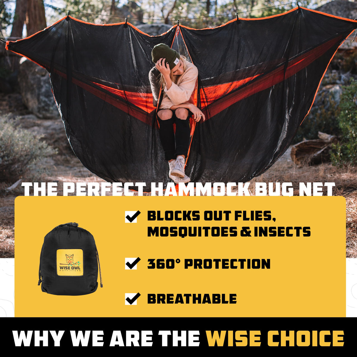 Wise Owl hammock bug net zipper access enables quick entry from either side