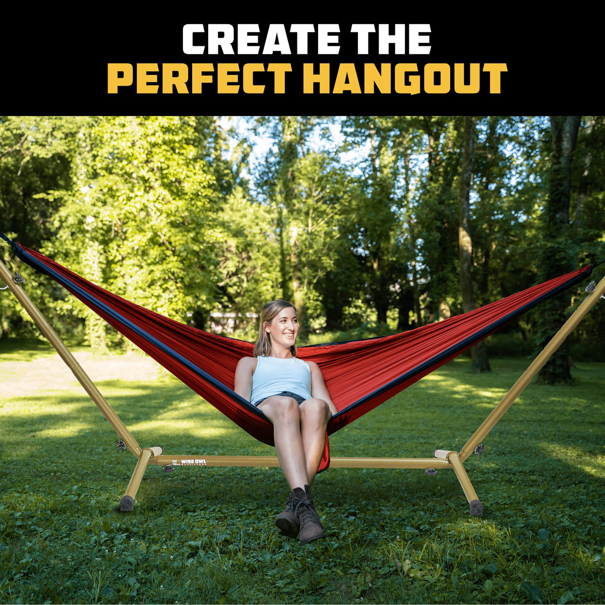 Wise Owl Outfitters stand supports up to 440 lb for safe lounging.