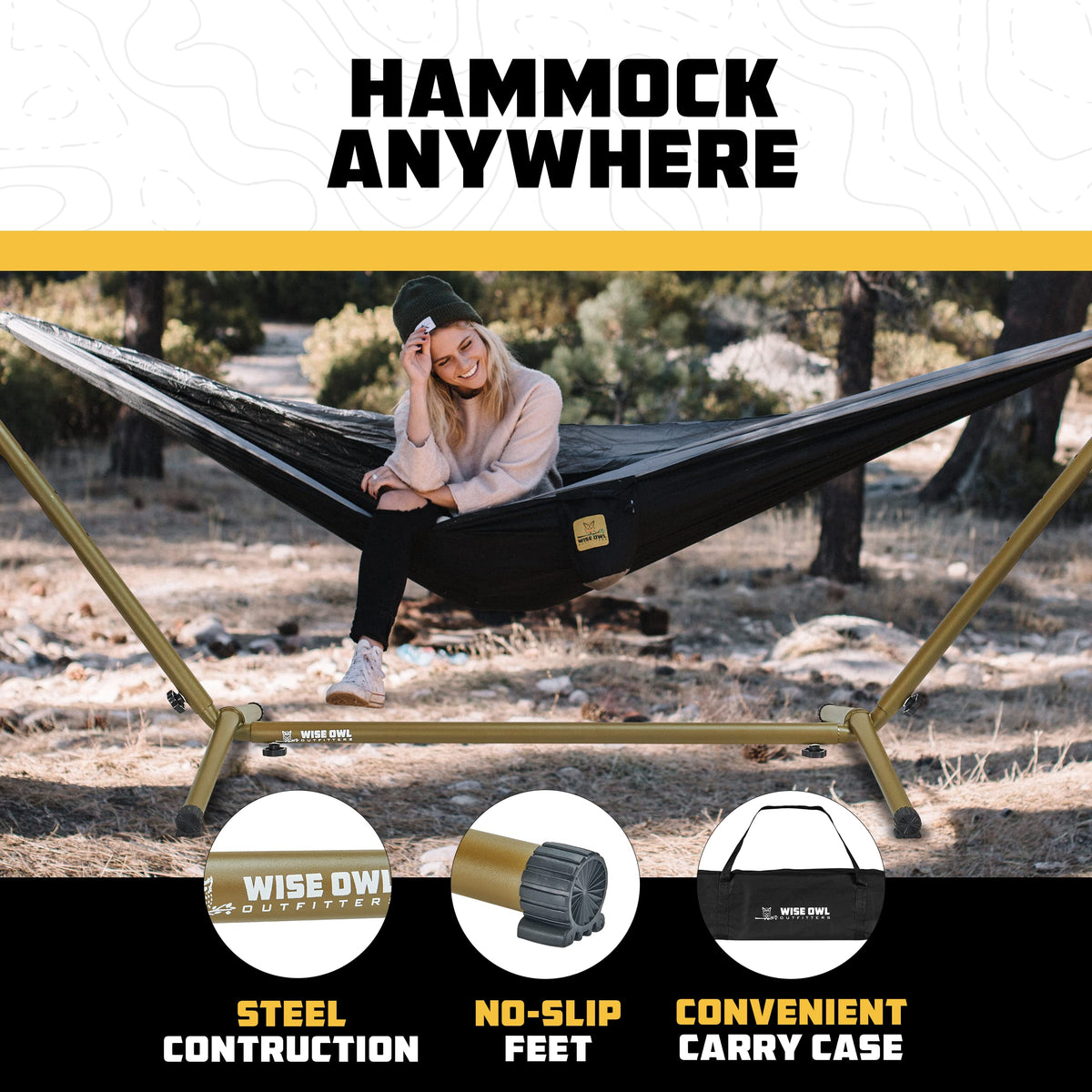 Wise Owl Outfitters hammock stand folded compact for easy transport.