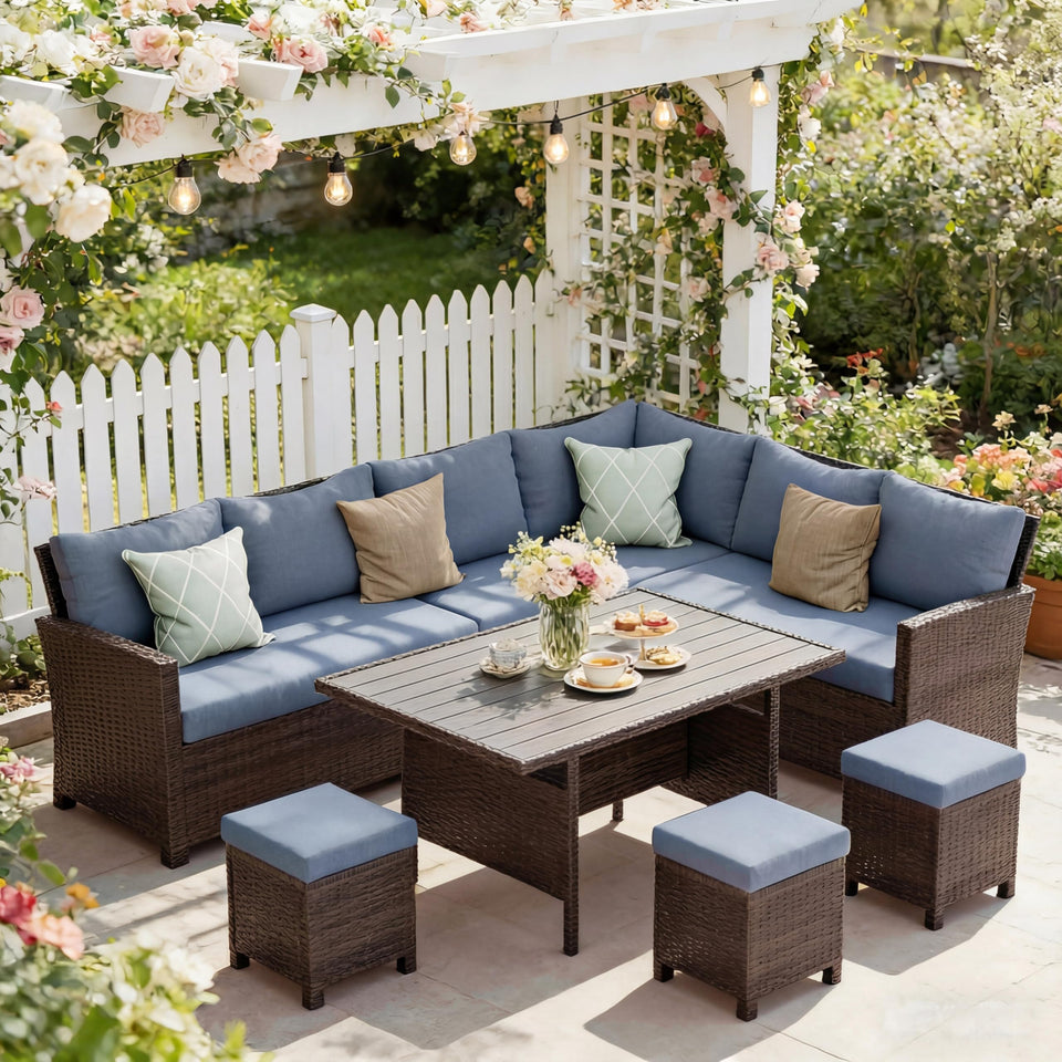 Wisteria Lane seven-piece set table top for outdoor dining.