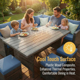 Wisteria Lane wood-plastic top stays cool in sun.