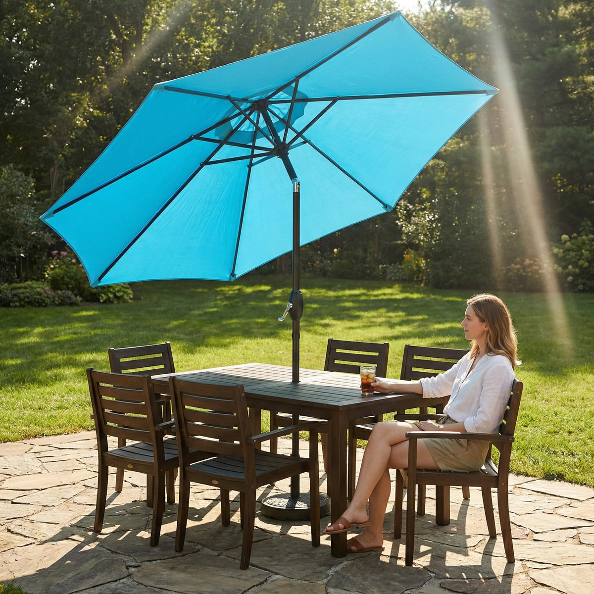 Wisteria Lane market umbrella used in cafe outdoor seating