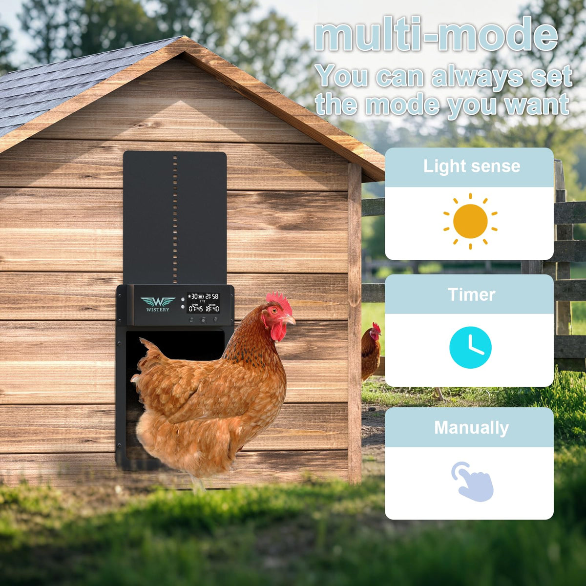 Wistery solar panel charging assembly powering the coop door in sunny conditions