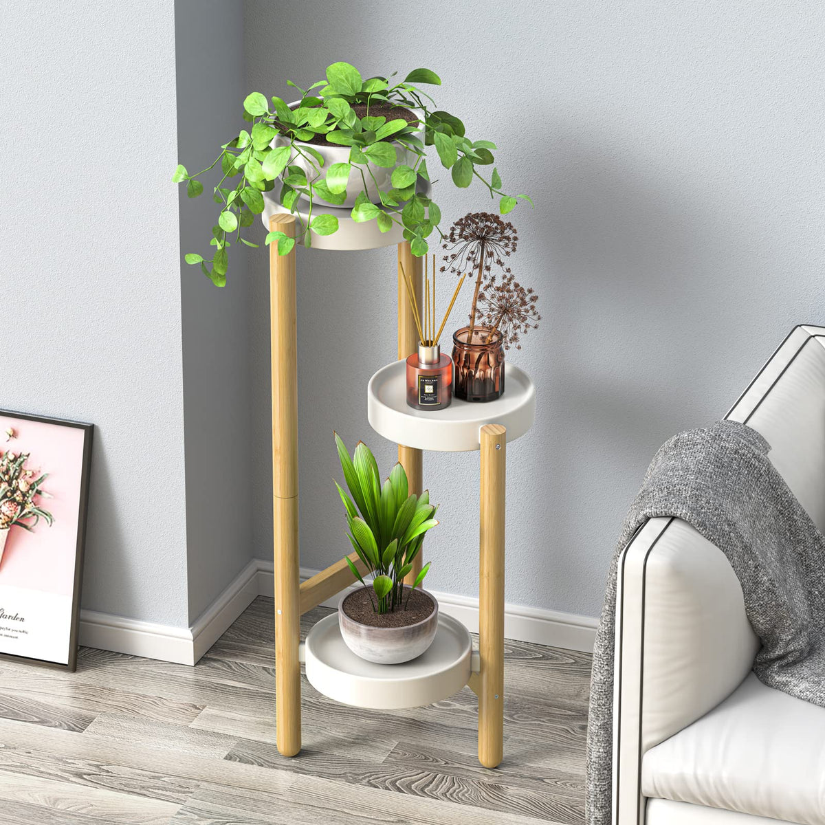 Wisuce bamboo 3-tier stand on patio showcasing outdoor suitability